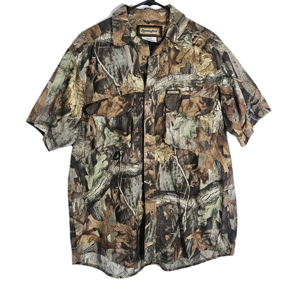 Remington Camo Short Sleeve Vented Button Shirt Pockets Men's Large (42-44) EUC
